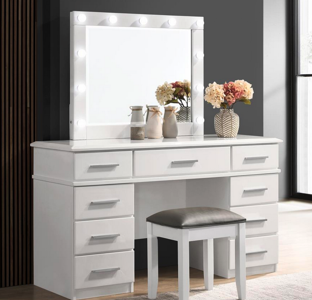 * 203507 / Felicity 9-drawer Vanity Desk with Lighted Mirror Glossy White