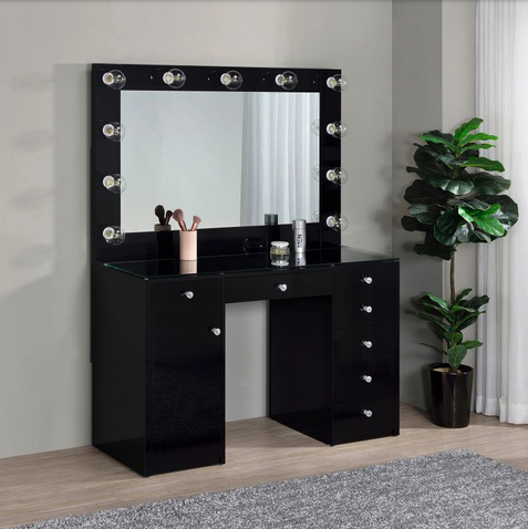 * Acena // 7-drawer Vanity Set with Lighting Black High Gloss 	