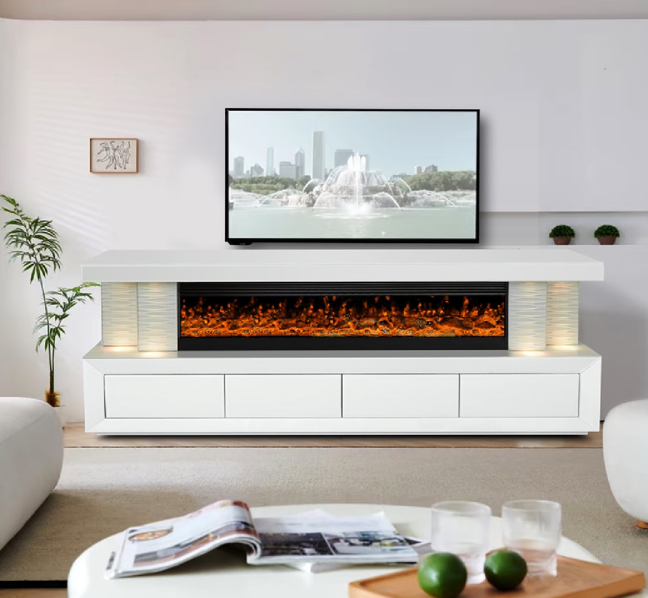 * A97 WHITE // TV STAND W/ FIREPLACE